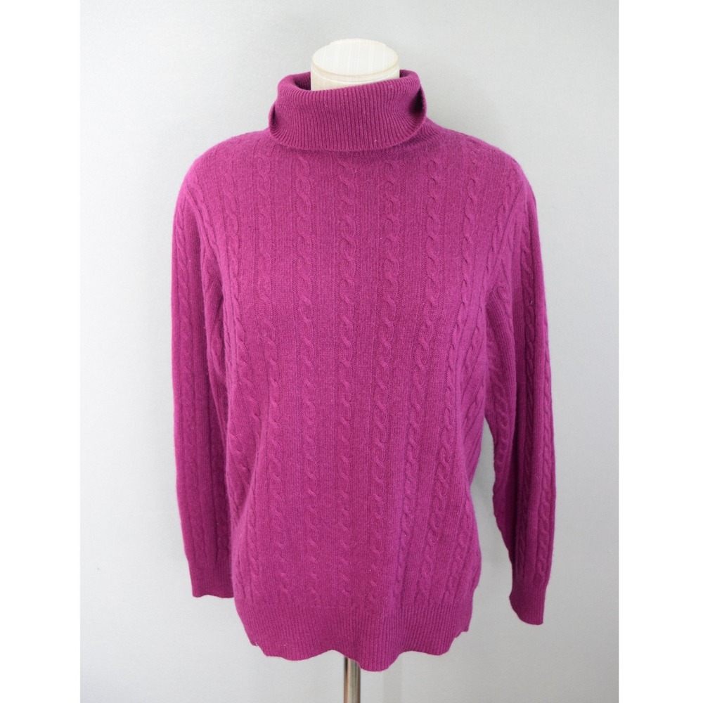 Neiman Marcus Cashmere Sweater Small Magenta Purple Cable Knit Turtleneck Vtg